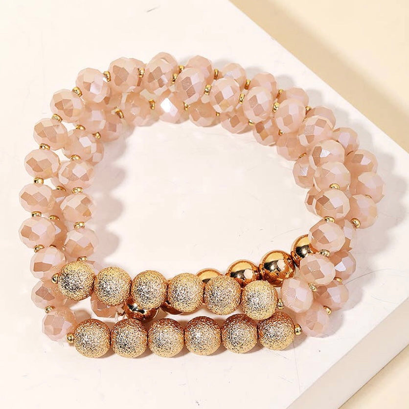 Glass beaded stackable bracelet set in pearl color